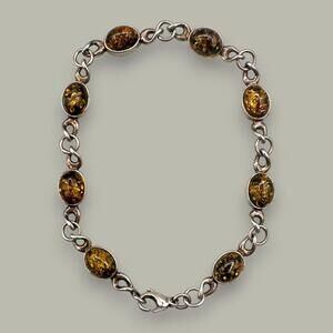 Vintage Sterling Silver & Amber Link Bracelet